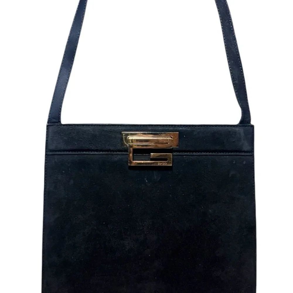 GUCCI Black Suede Vintage Tom Ford G Square Logo Framed Shoulder Bag Auth Ex++